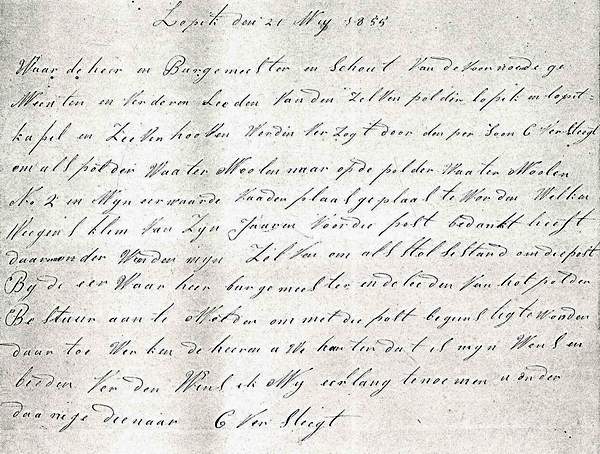 Brief uit 1855 van Cornelis Versteegt aan het polderbestuur